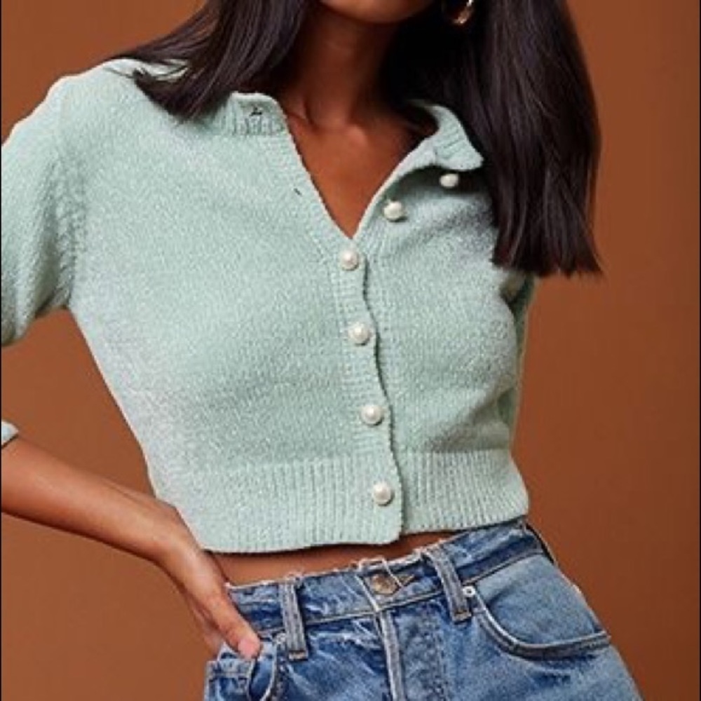 Chenille Button-Front Cardigan in Mint